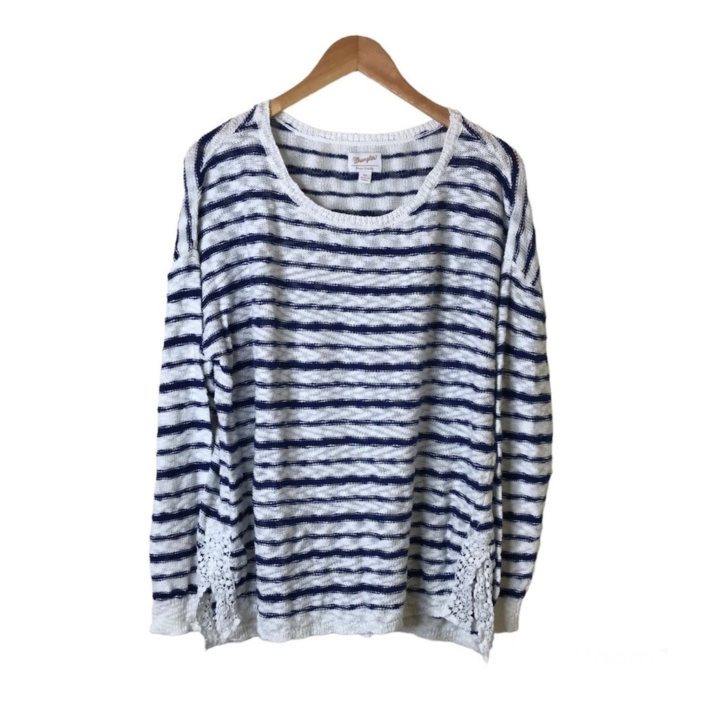 Wrangler Womens Size XL Pullover Sweater Blue White Stripe Crochet Loose Knit